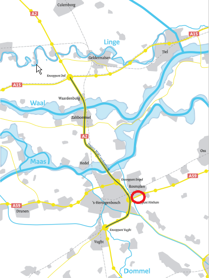 Een landkaart met een markering van de aansluiting op de A2 bij Rosmalen